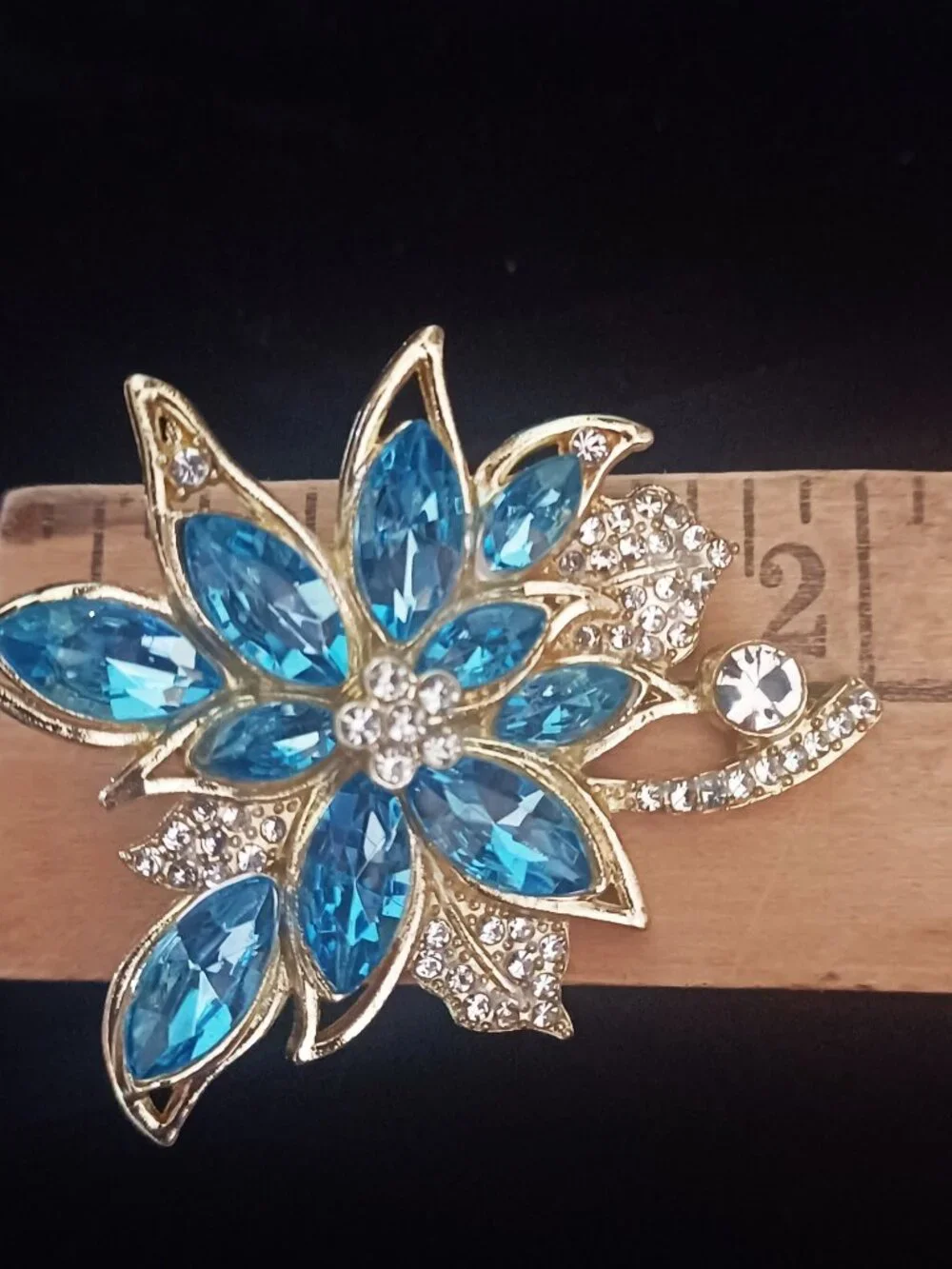 Blue and Gold Flower Lots of Bling BROOCH